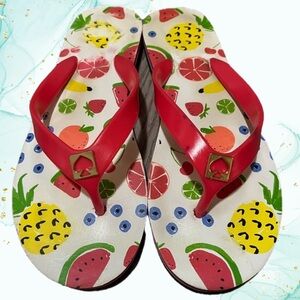 Kate Spade New York Colorful Fruit Print Flip Flops with Red Straps